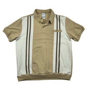 John Blair Mens XL Tan White Striped Polo Shirt Short Sleeve Retro B04735
